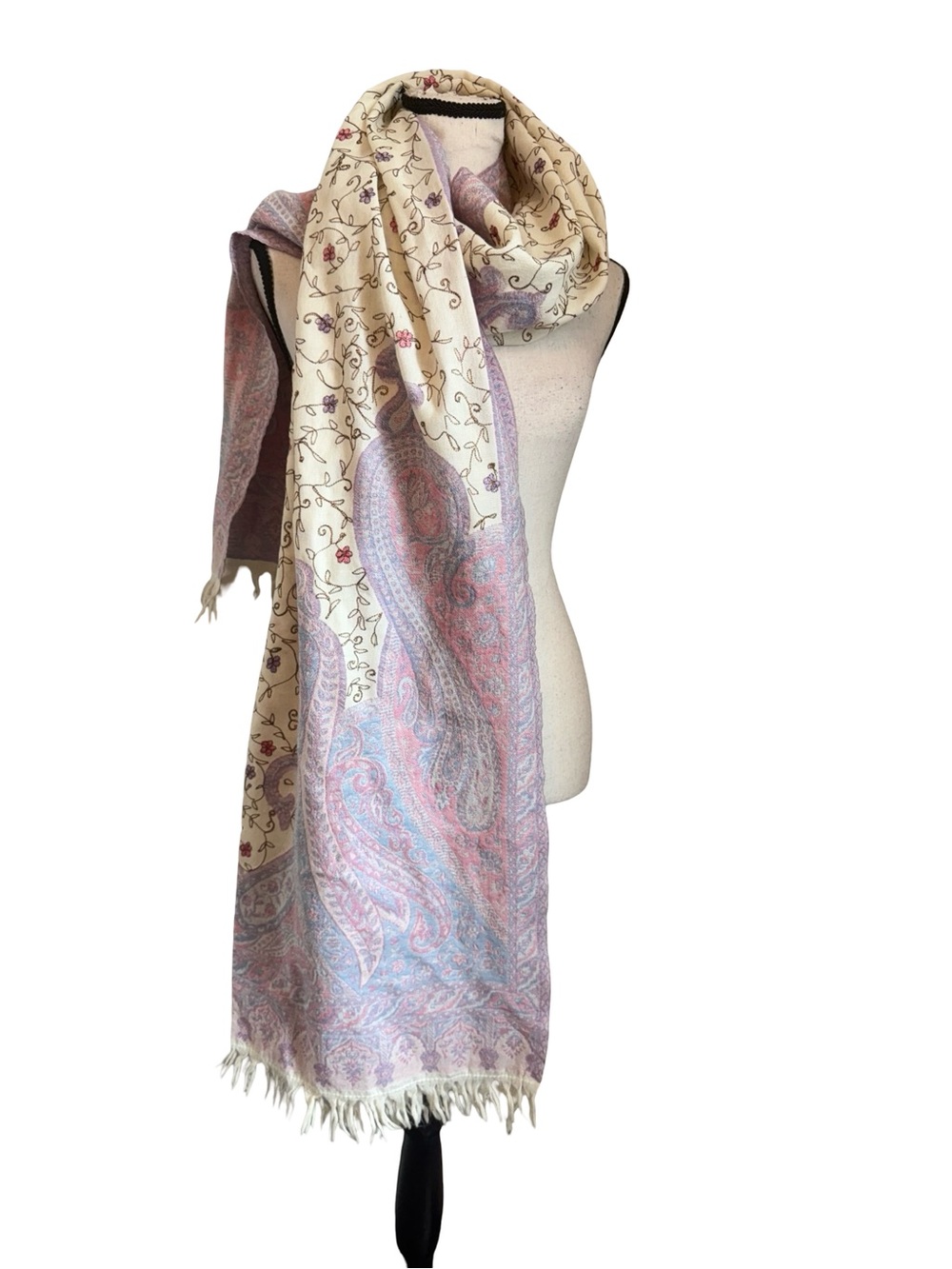 Abrol 100% Pure New Wool Shawl Pastel Paisley Floral Gold Thread Fringe Wrap